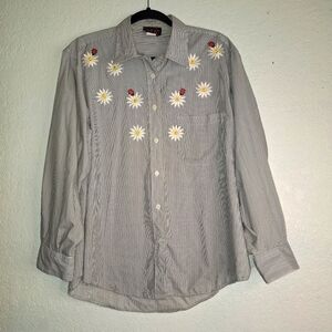 P.G.B. Black & White Daisy & Ladybugs Stripe Long Sleeve Button Shirt Large